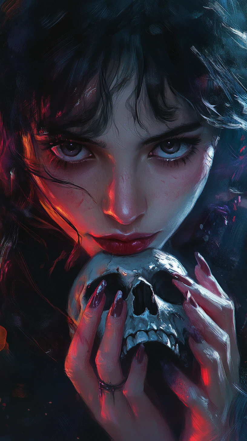Melancholic woman with cracked skin holding a skull