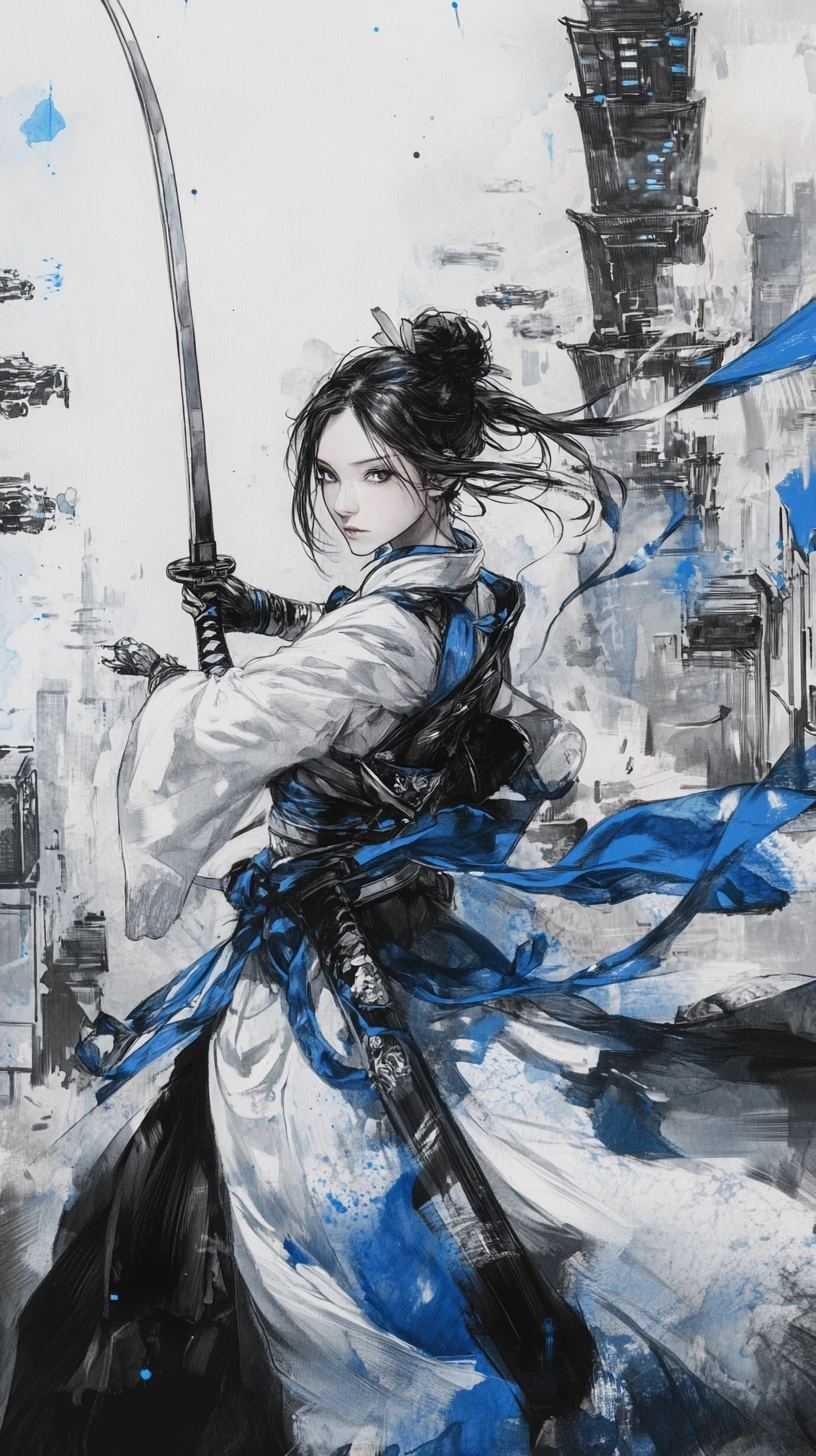 Young samurai woman draws her katana in futuristic city