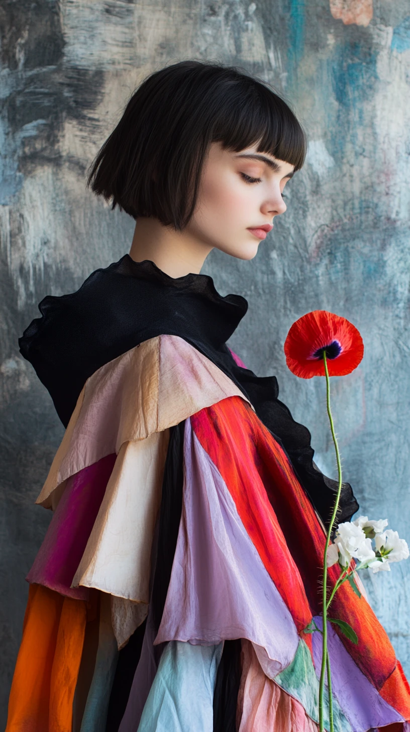 Young girl in pastel cape holding a red poppy