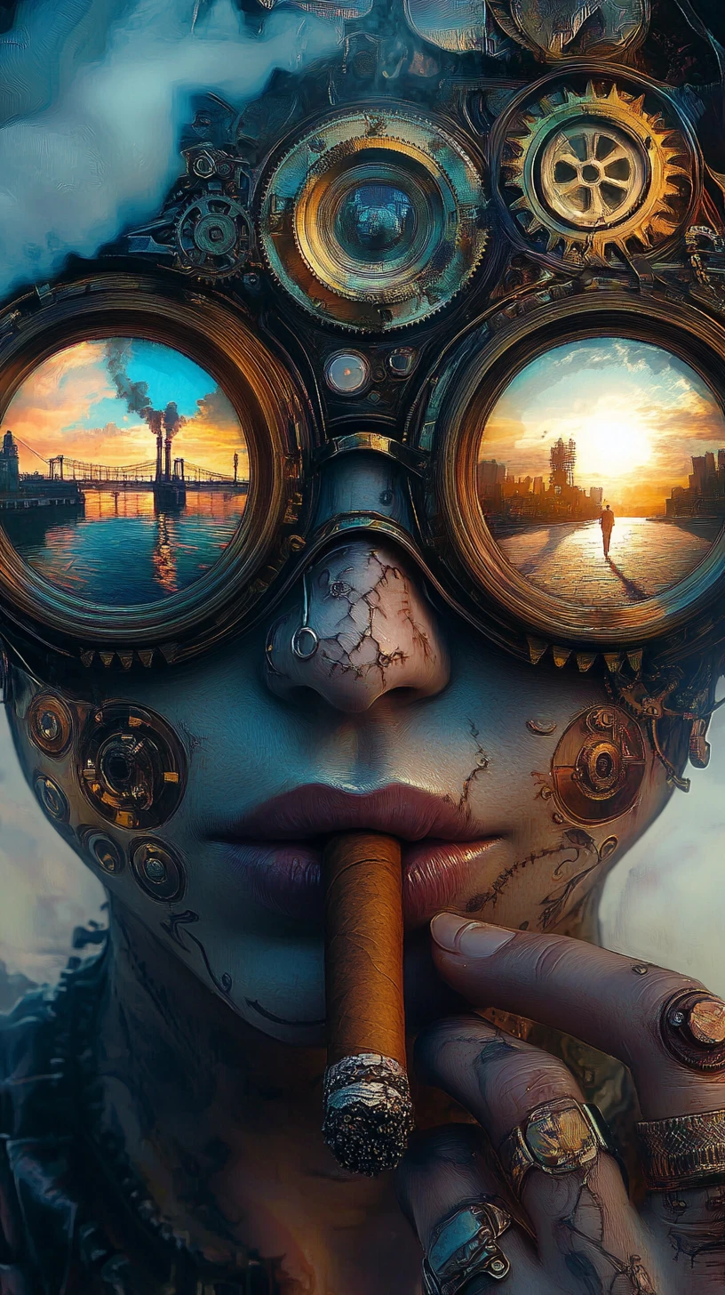 Ritratto steampunk con occhiali, sigaro e fumo turbinante