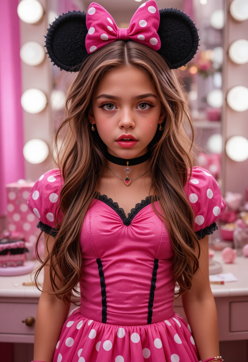 Chico preadolescente ansioso con atuendo de Minnie Mouse en tocador de boutique
