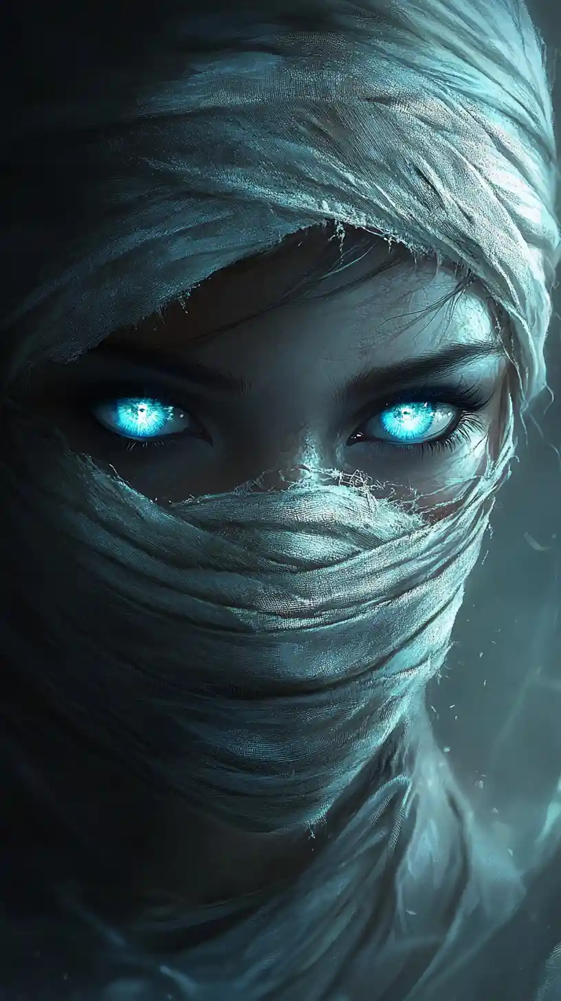Eerie anime mummy woman with glowing blue eyes