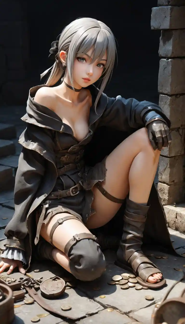 Female thief listening closely to treasure in a dungeon