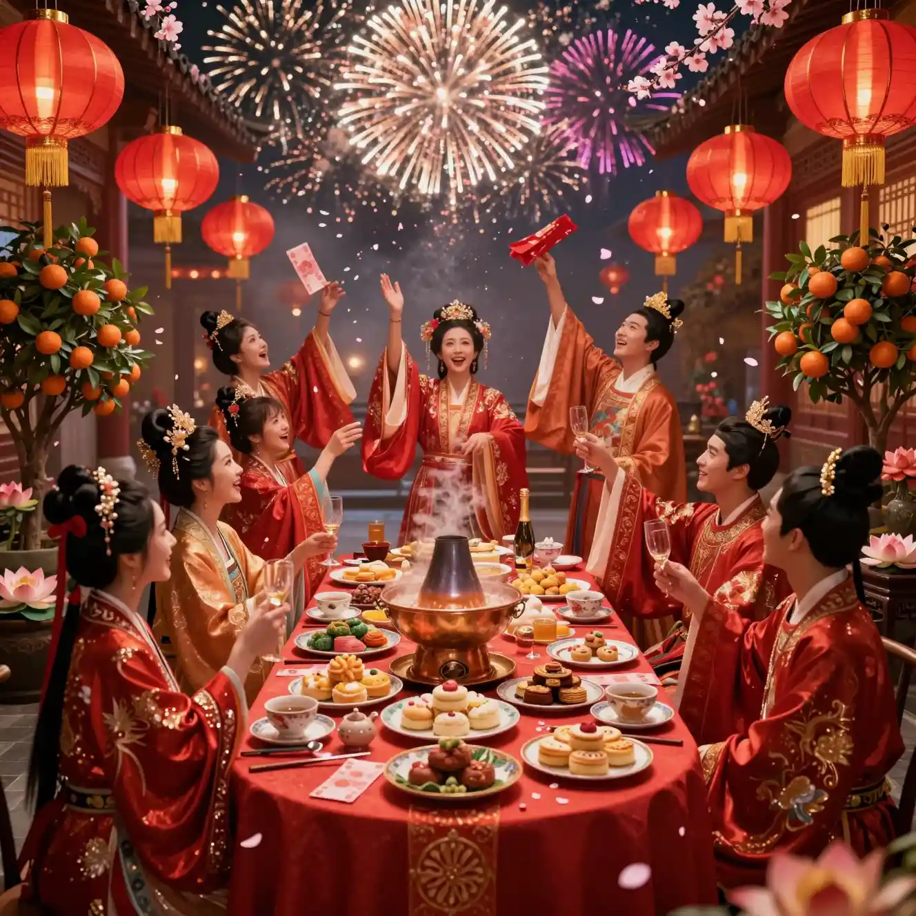Festive Chinese New Year banquet with joyful guests in red robes