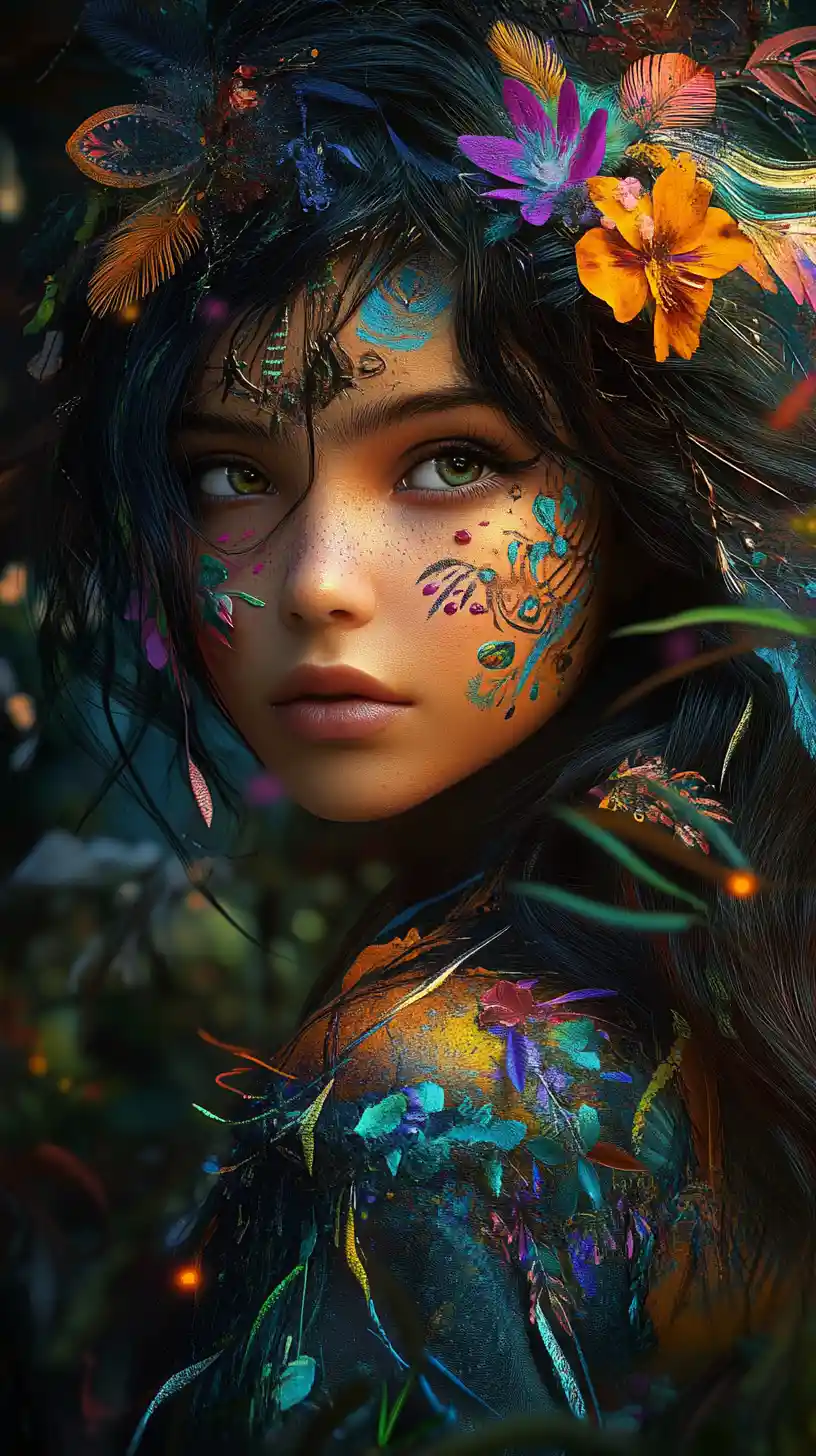 Tribal painted girl with flowers and feathers in her hair