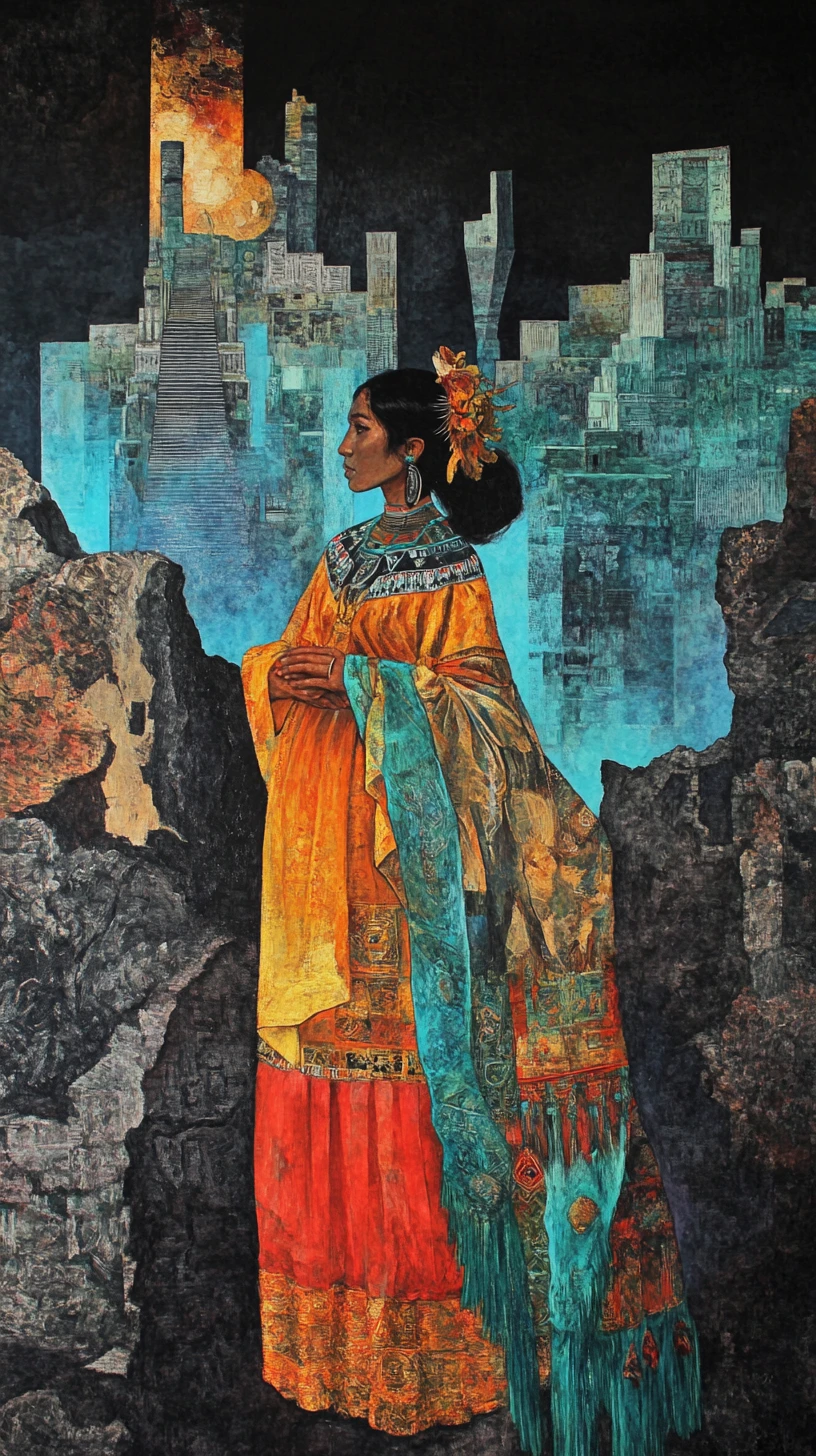 Indigenous woman in surreal Aztec ritual cityscape