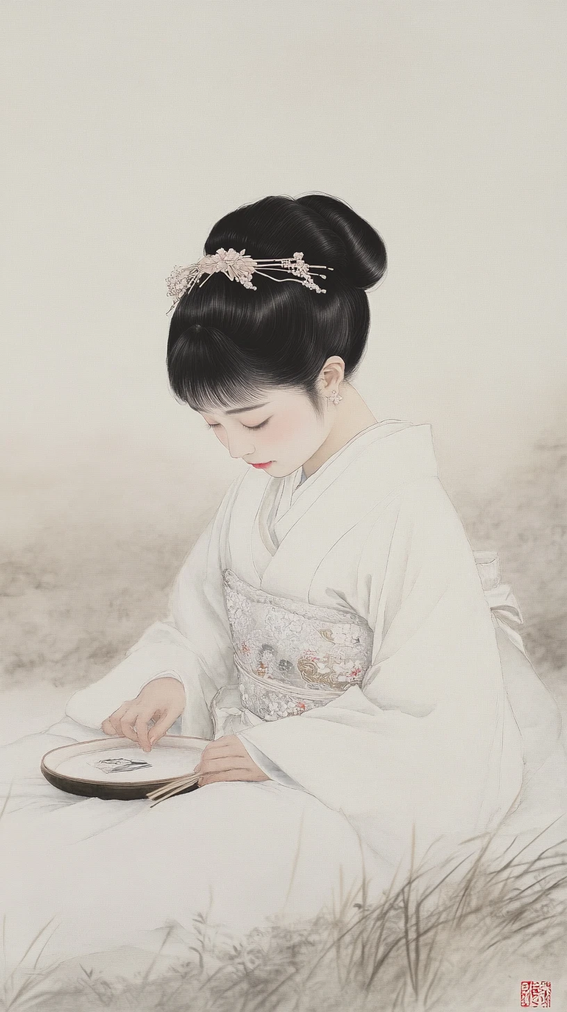 Serene tattooed woman in white kimono in japanese print style