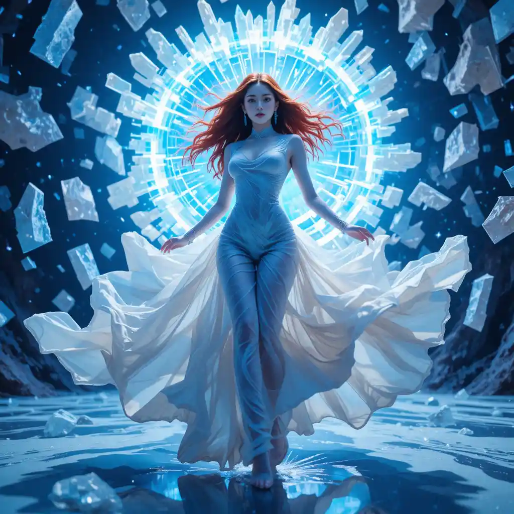 Korean fashion model spinning in a cobalt crystalline void