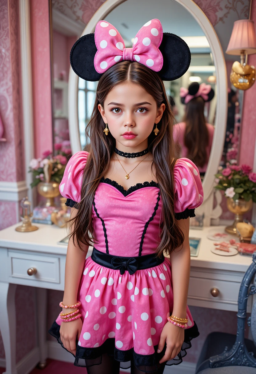 Niño preadolescente con traje de Minnie Mouse en tocador de boutique