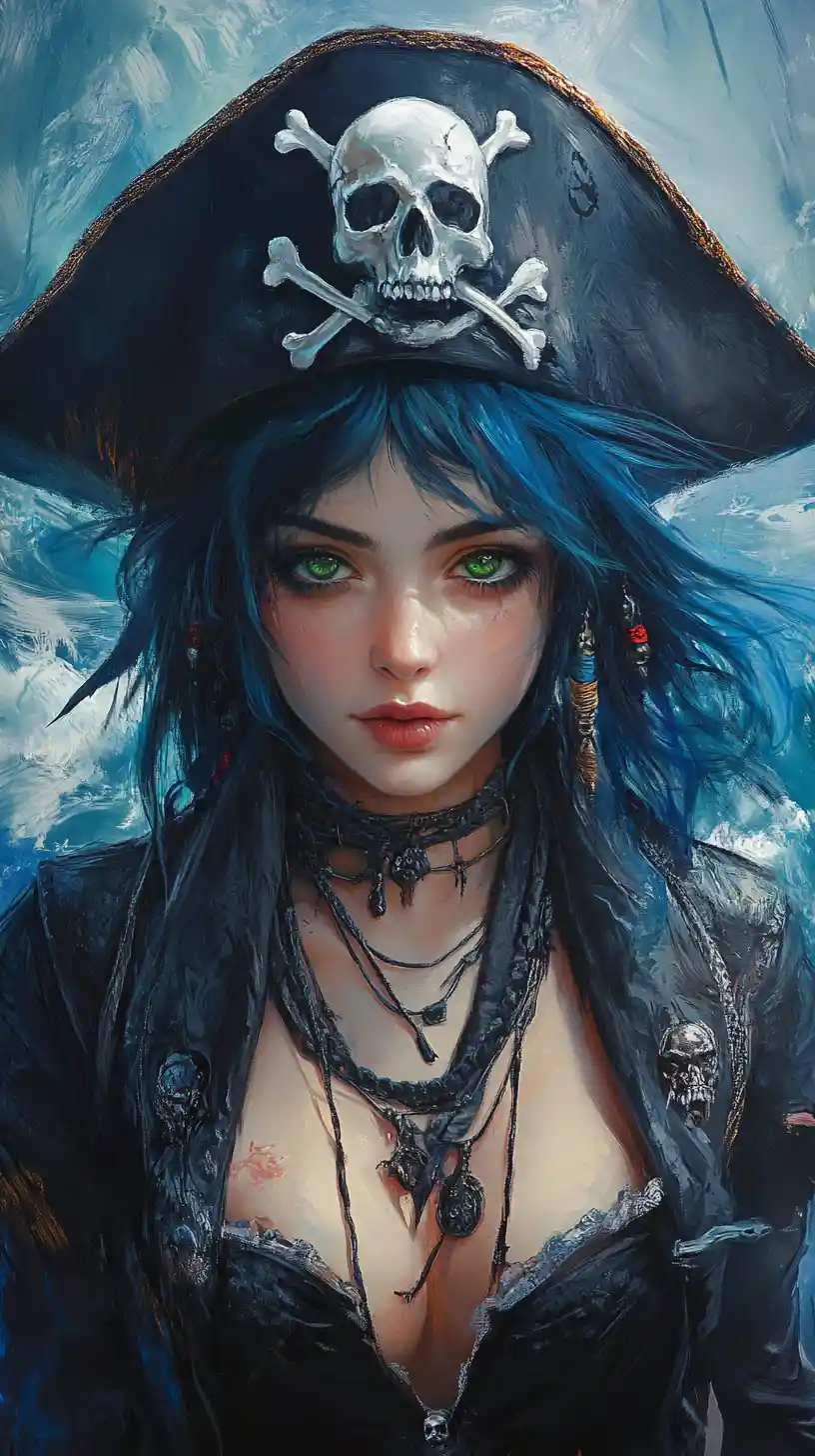 Retrato de una mujer pirata sobre un mar tormentoso pintado