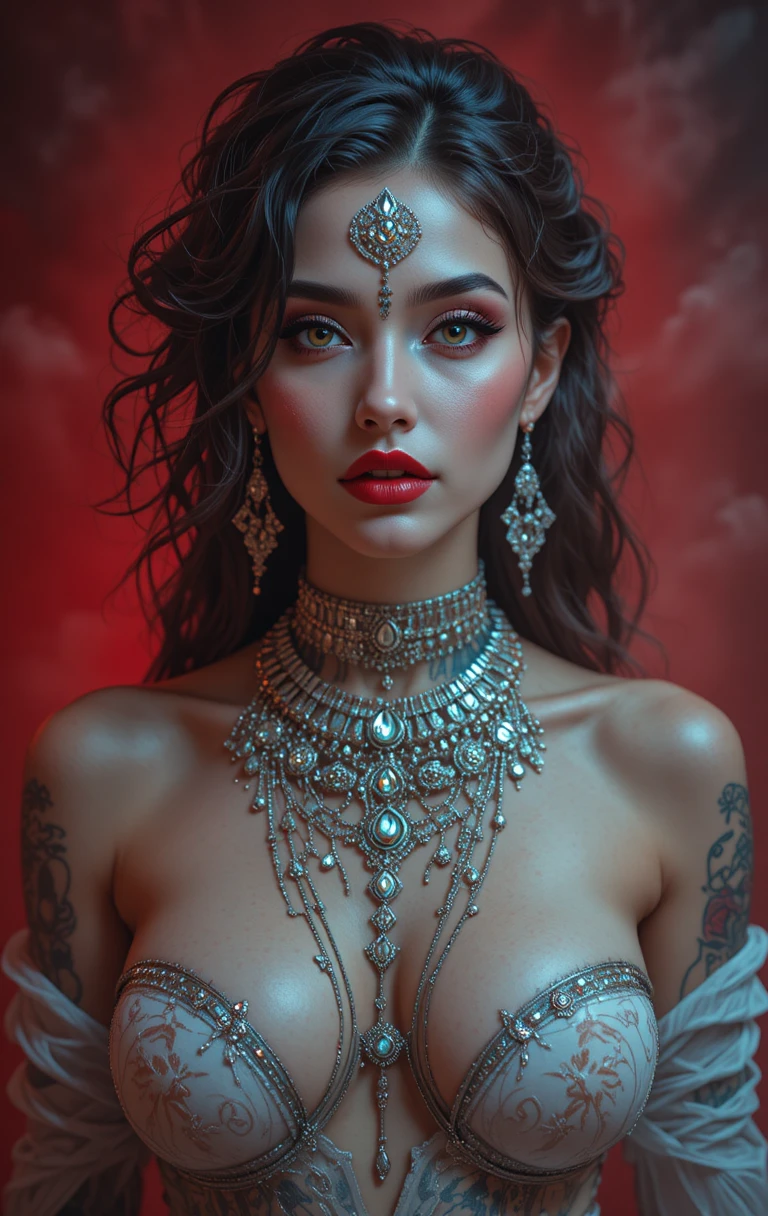 Donna tatuata con rossetto rosso intenso su sfondo rosso fumoso