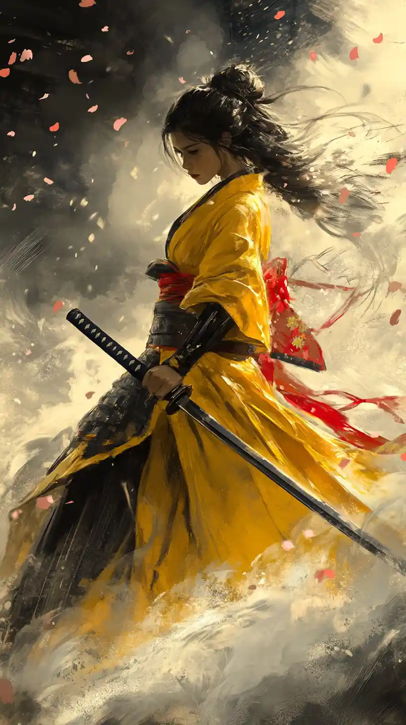Samurái femenina estoica con katana entre pétalos flotando