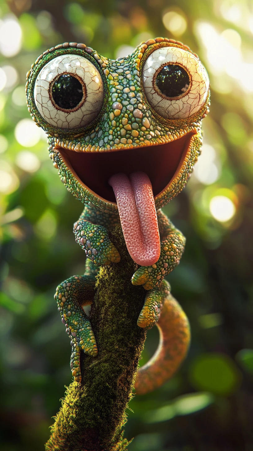 Cartoon chameleon on branch with goofy eyes and tongue