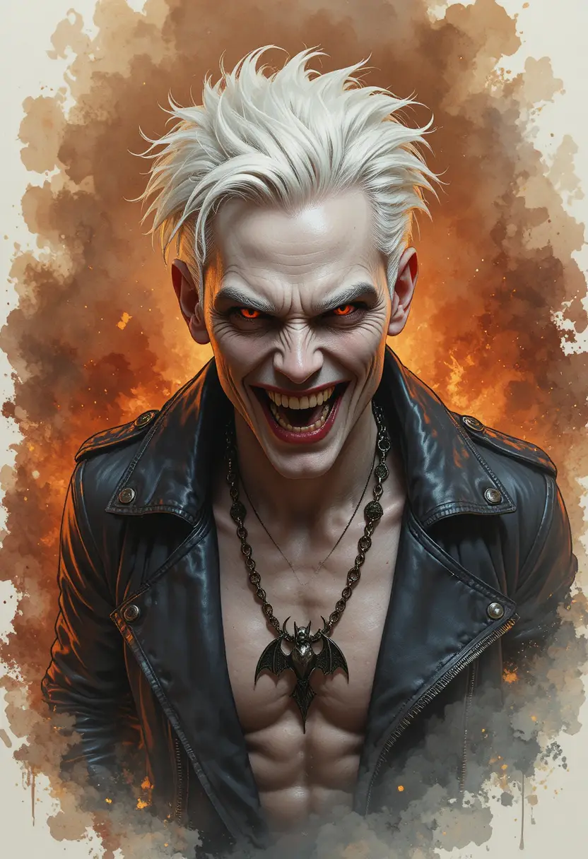 Weißhaariger Vampir, der vor einem feurigen, rauchigen Hintergrund grinst