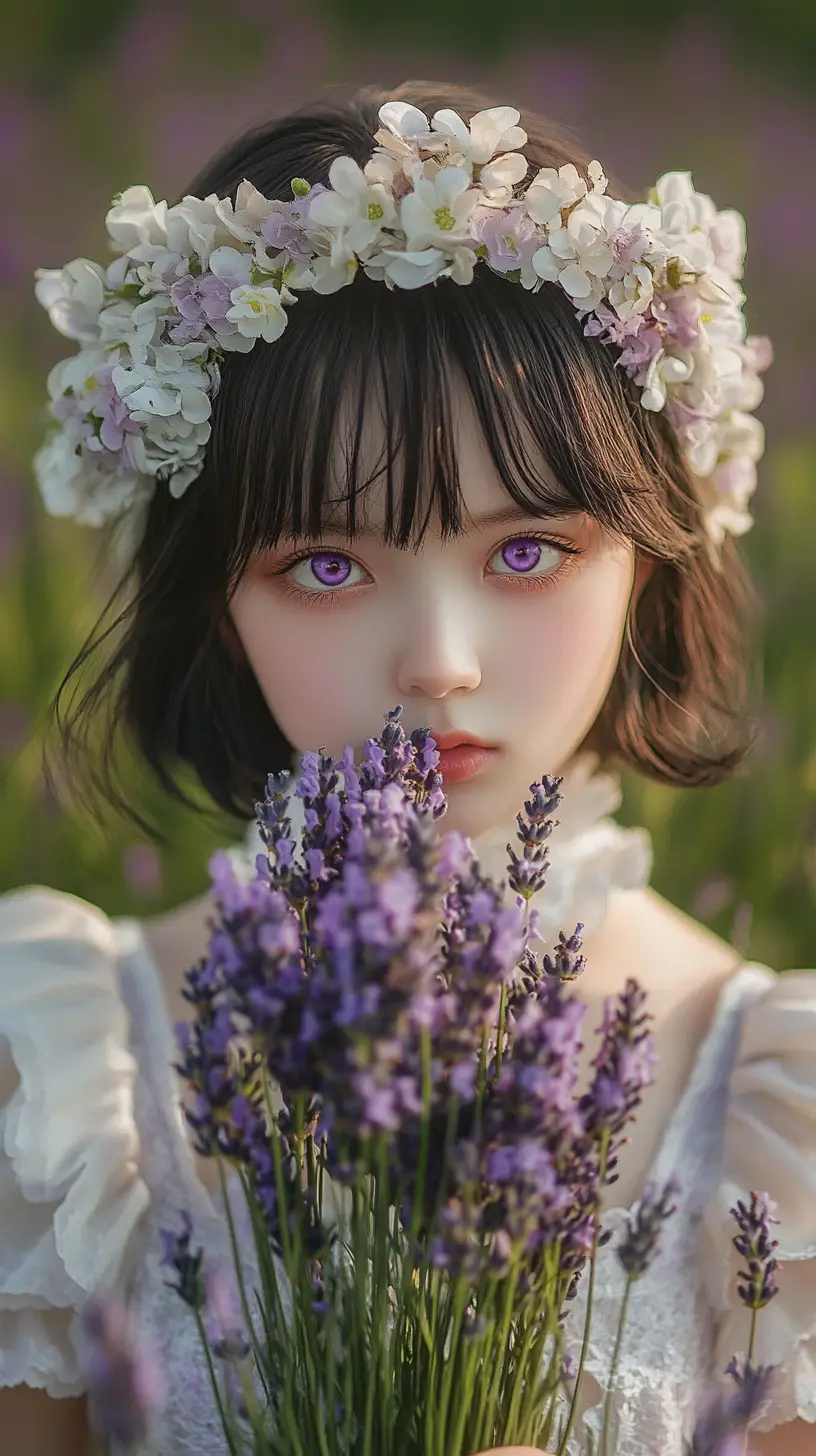 Illustrazione di ragazza nel campo di lavanda con corona di fiori