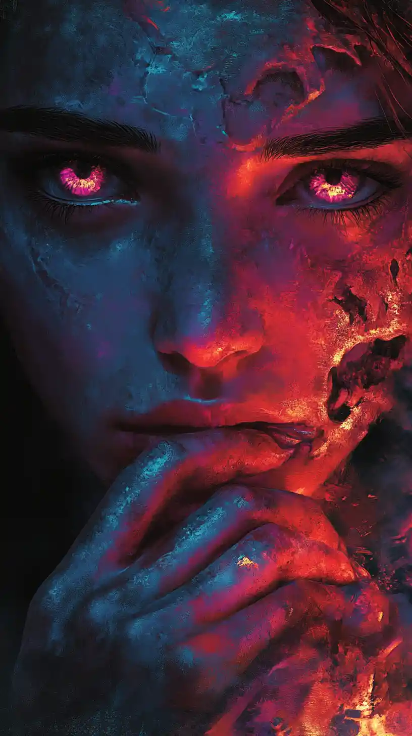 Woman with stitched lips holding a skull in neon glow