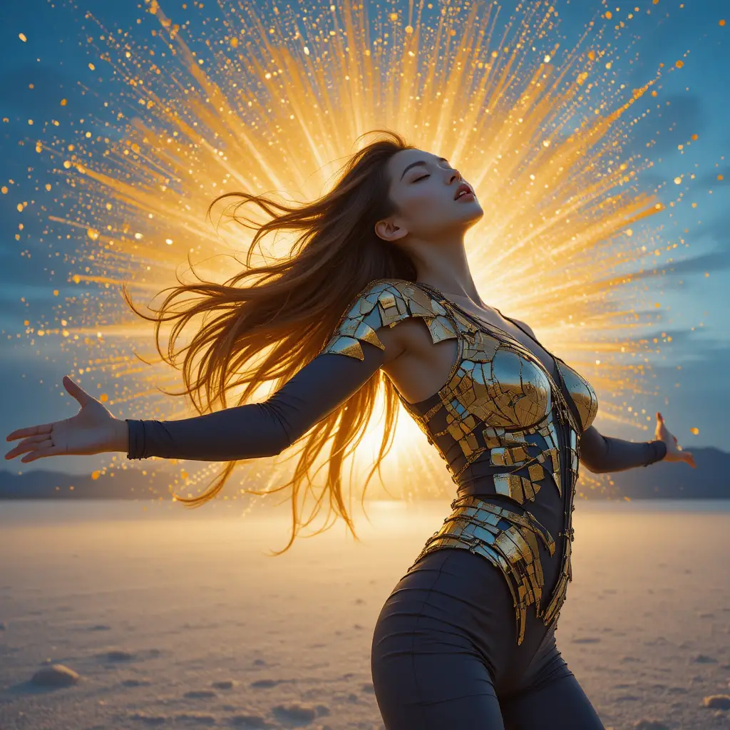 Korean woman in gilded shockwave on windswept salt flat