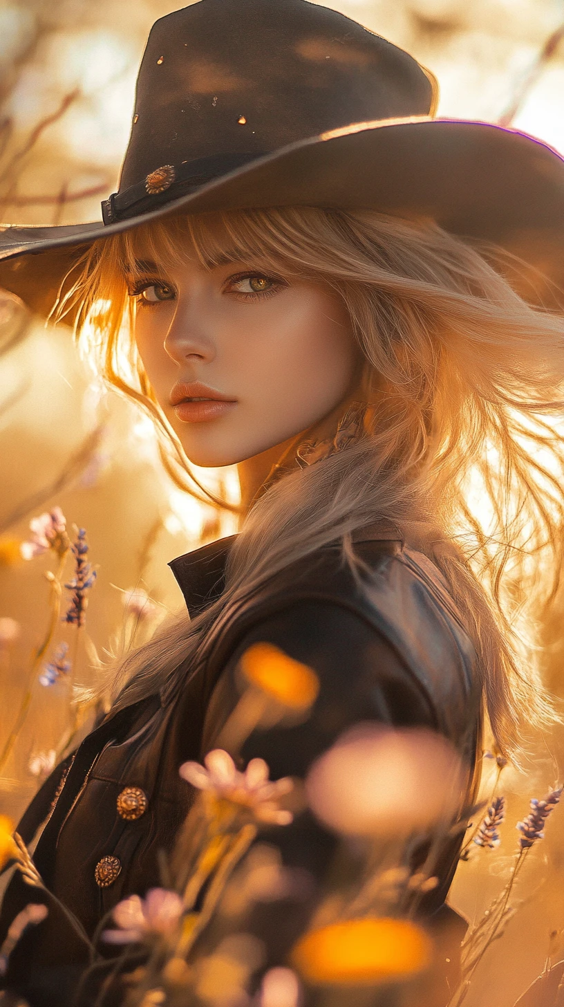 Anime cowgirl close up in a rustic western duel scene