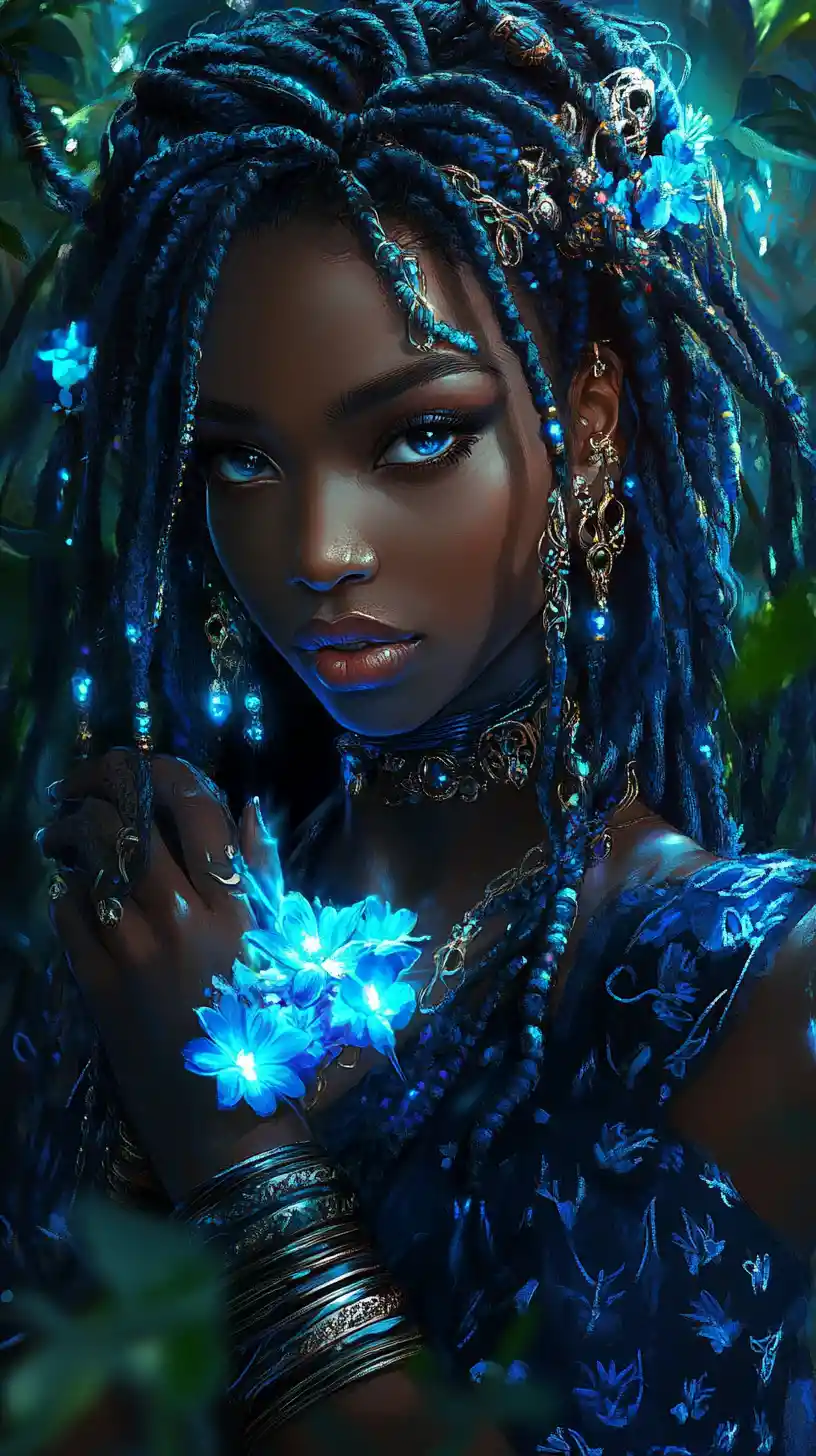 Mystical Black woman with glowing blue flowers in forest