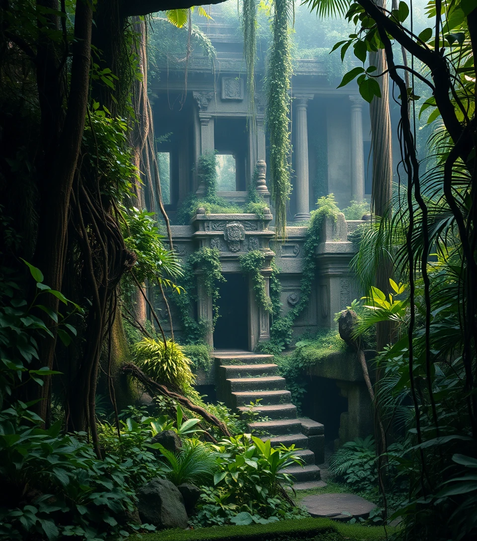 Antiguo templo en la jungla cubierto de densas enredaderas verdes