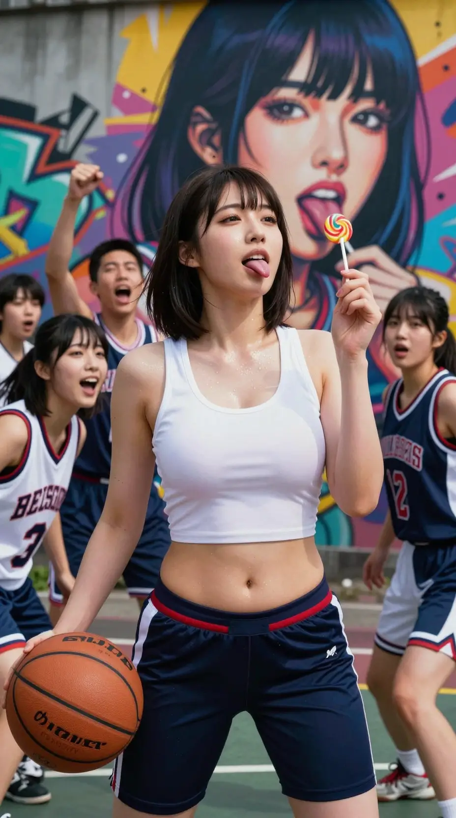 Close up of Japanese schoolgirl in intense basketball game