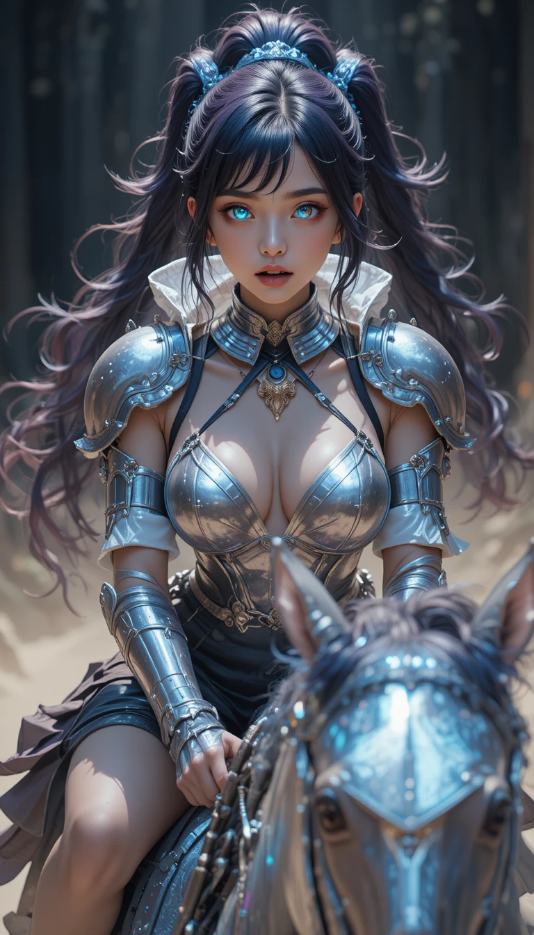 Sad kawaii girl close up with silver bikini armor