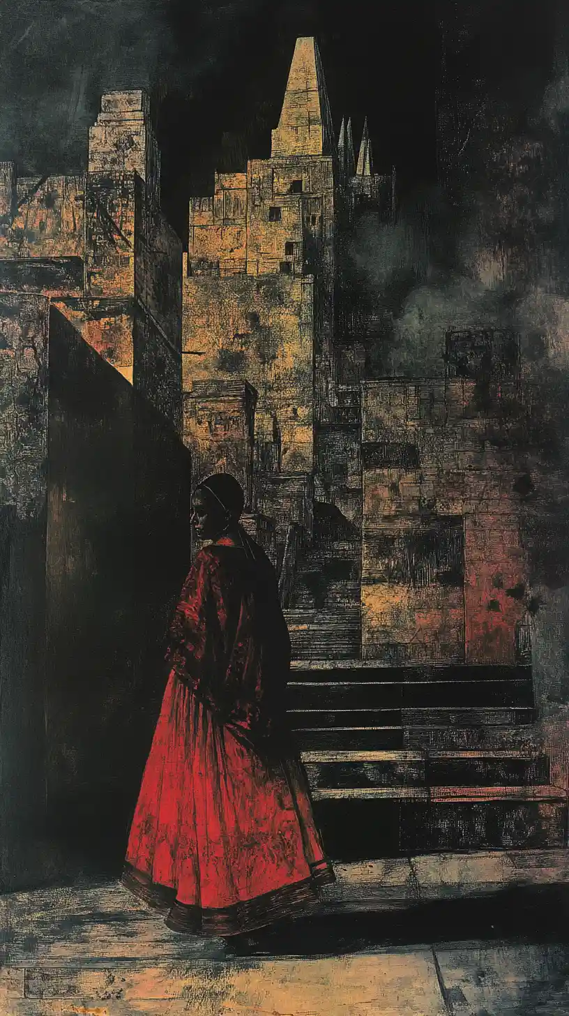 Aztec woman in a surreal ruined city of swirling darkness