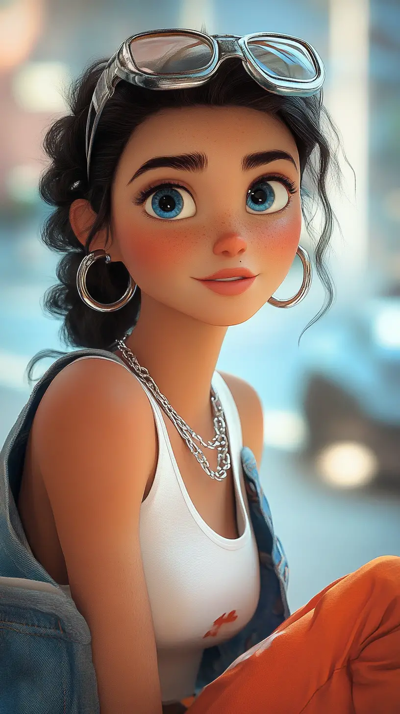 Pixar style girl in denim jacket with orange sweatpants