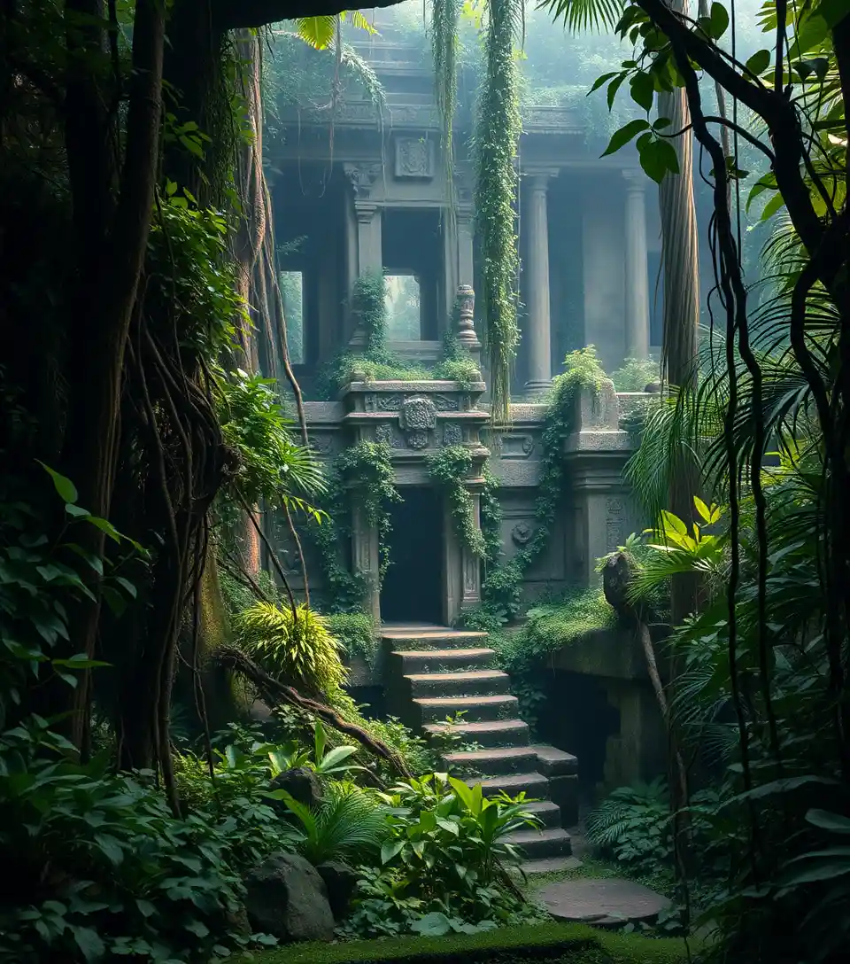 Antiguo templo en la jungla cubierto de densas enredaderas verdes