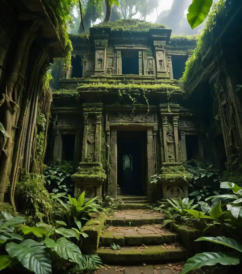 Ancient Jungle Temple Overgrown With Thick Hanging Vines