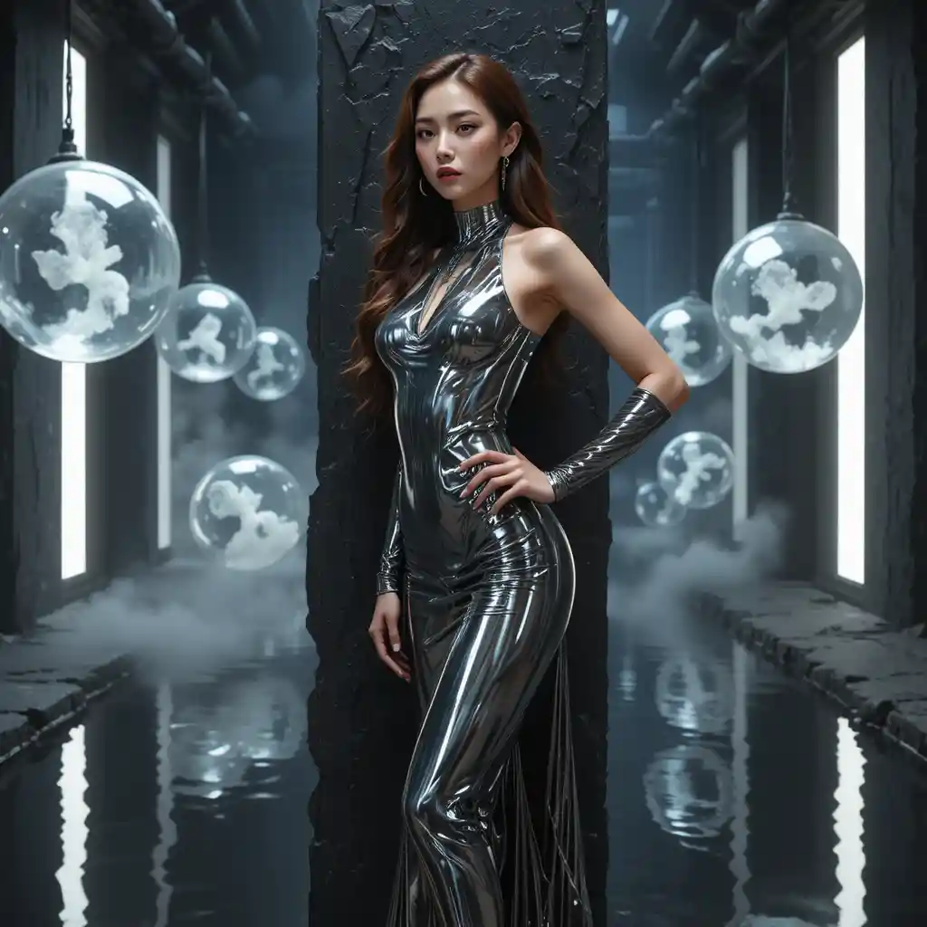 Korean woman in liquid metal gown in dark laboratory