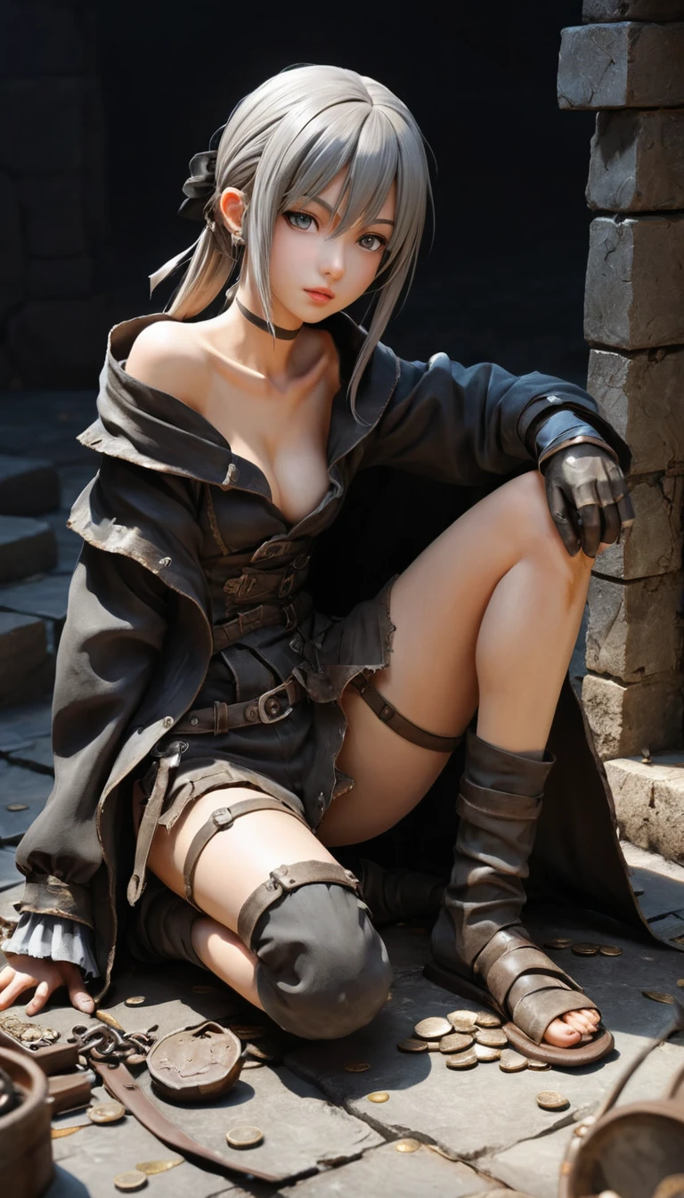 Female thief listening closely to treasure in a dungeon