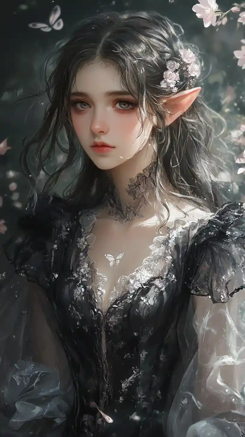 Young dark skinned elf girl in layered floral dress