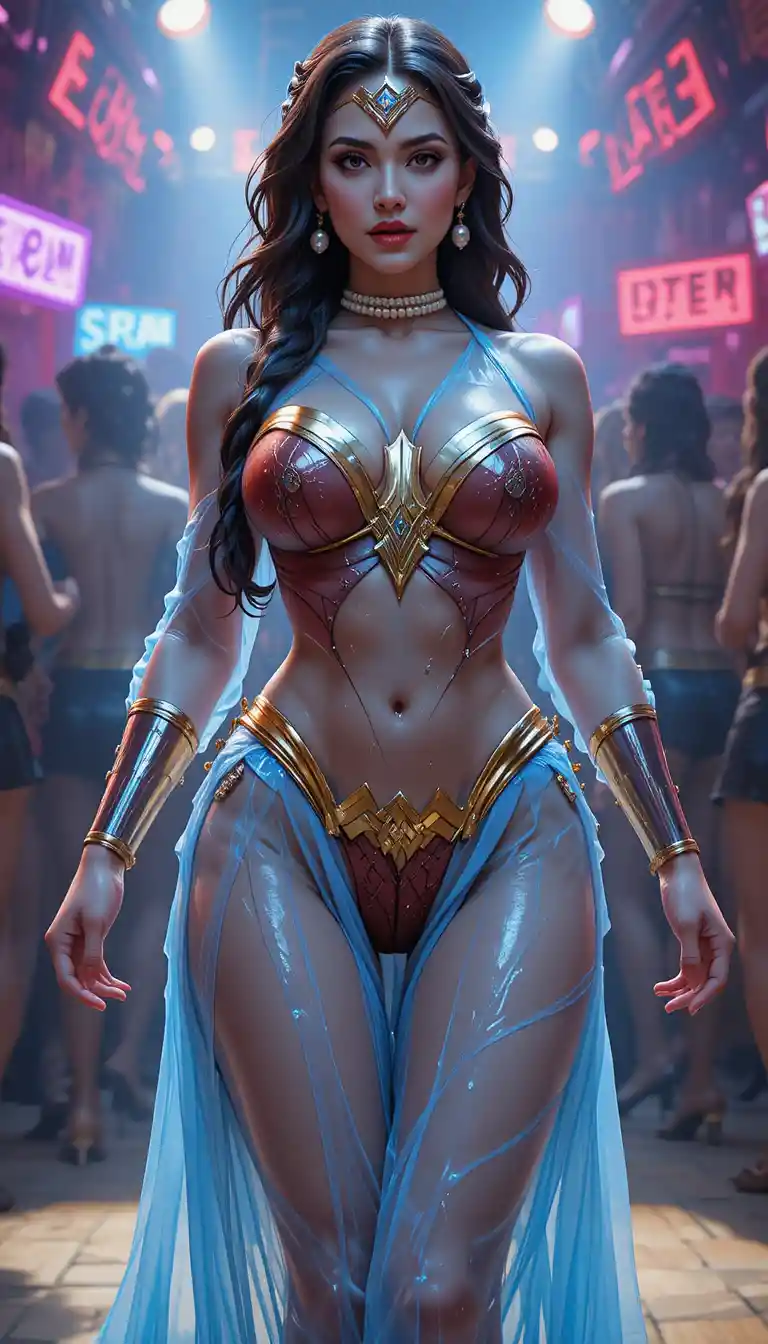 Pearl adorned warrior woman dancing in a crowded nightclub