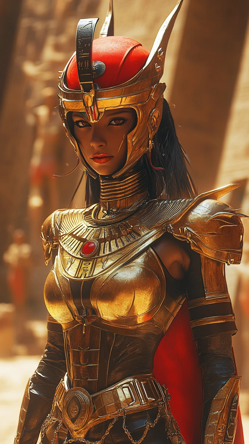 Golden egyptian robot woman standing before ancient temple
