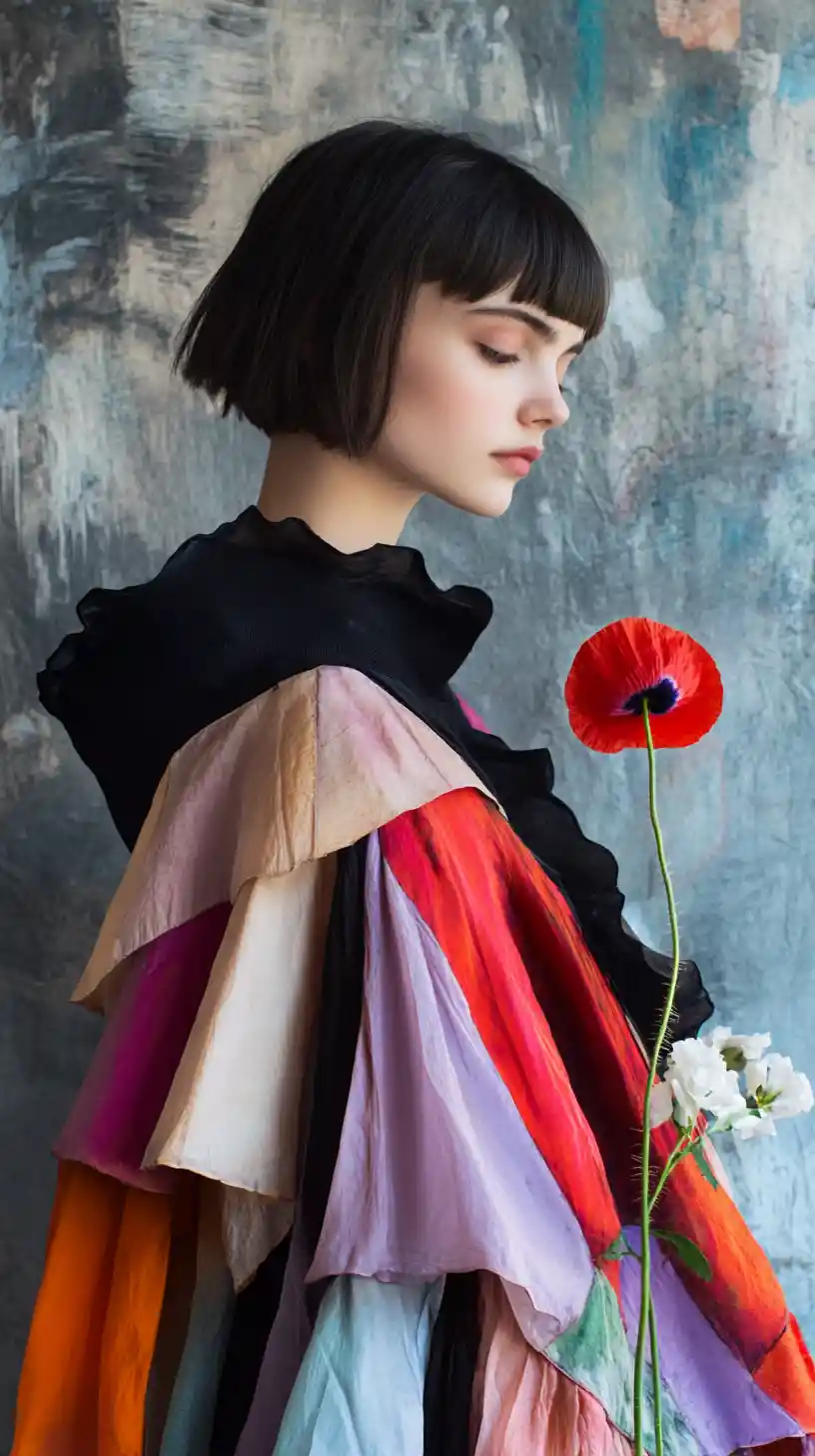 Young girl in pastel cape holding a red poppy