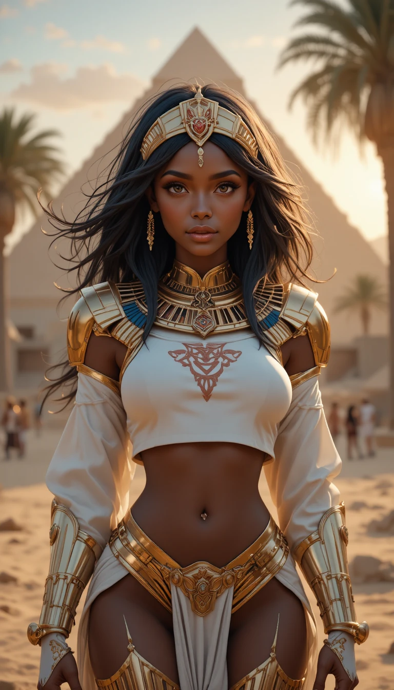 Femme robot égyptienne dorée devant une pyramide lointaine