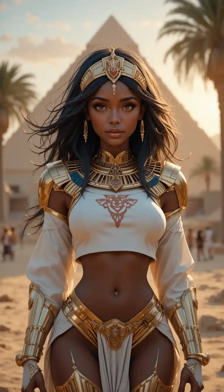 Femme robot égyptienne dorée devant une pyramide lointaine