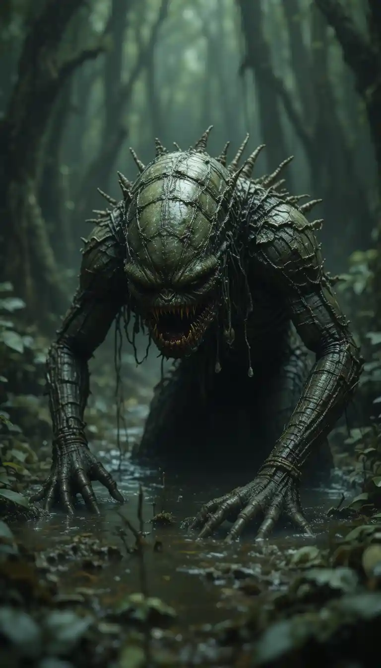Monstre terrifiant rampant hors d’un marais vert foncé