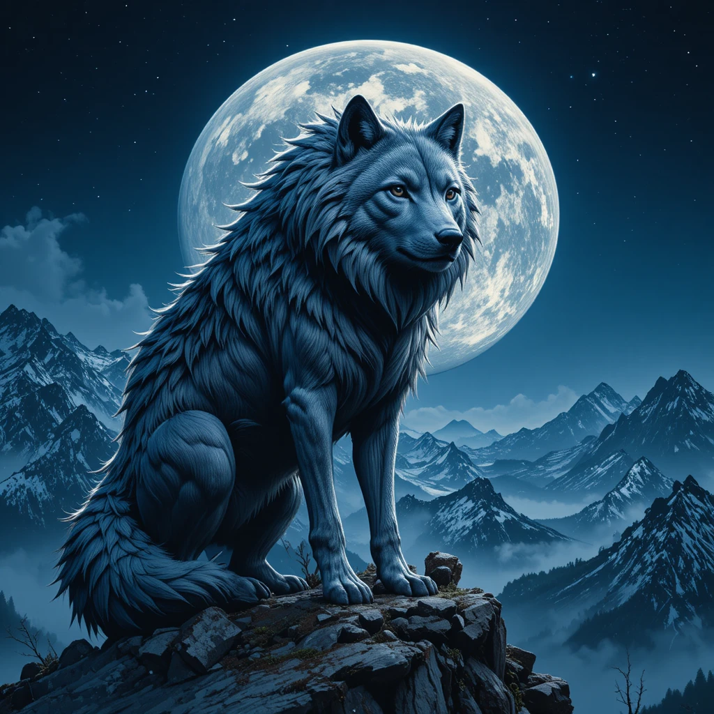 Lobo alfa en la cima de la montaña bajo la noche de luna llena