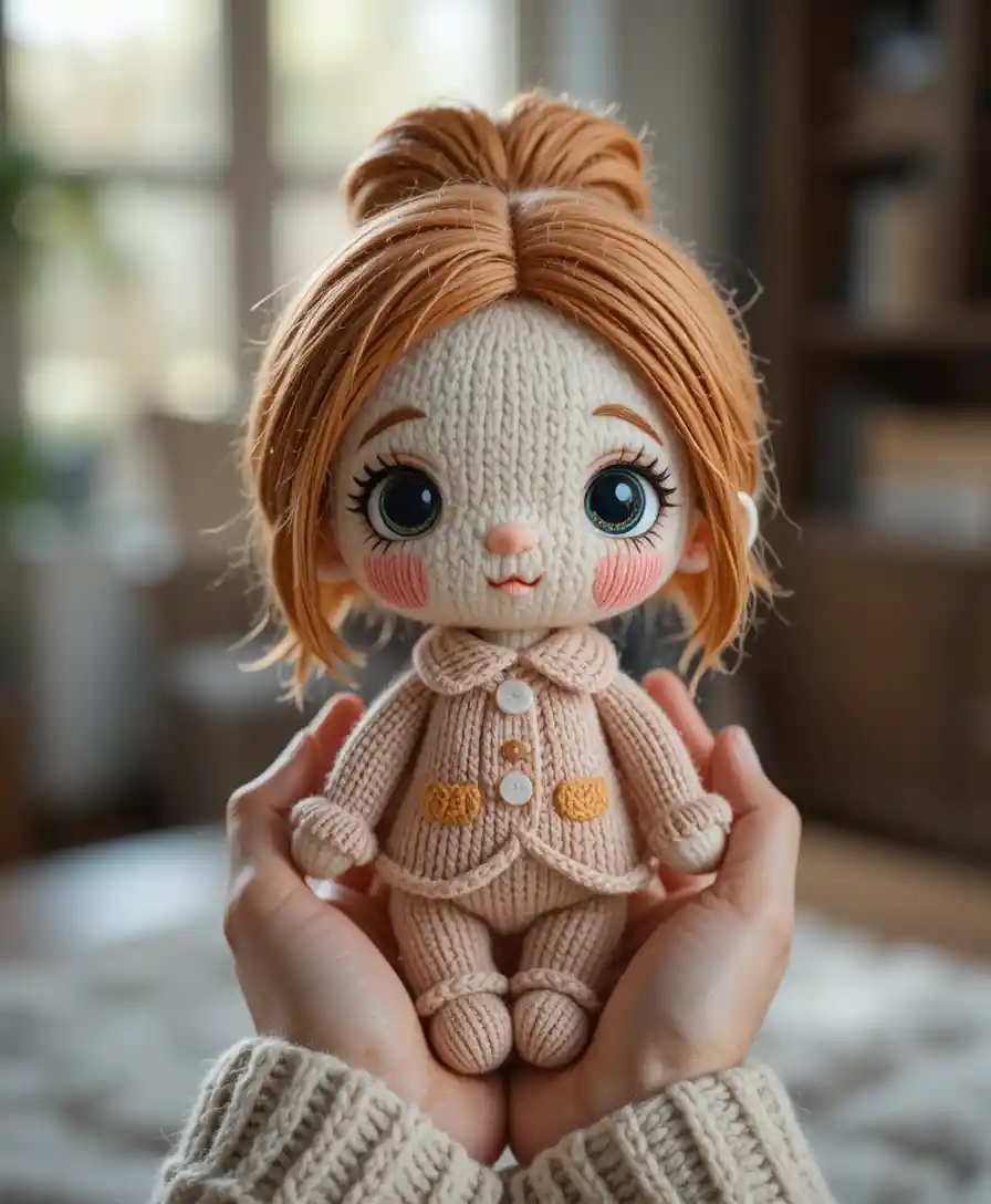 Handmade knitted chibi doll held gently in warm hands