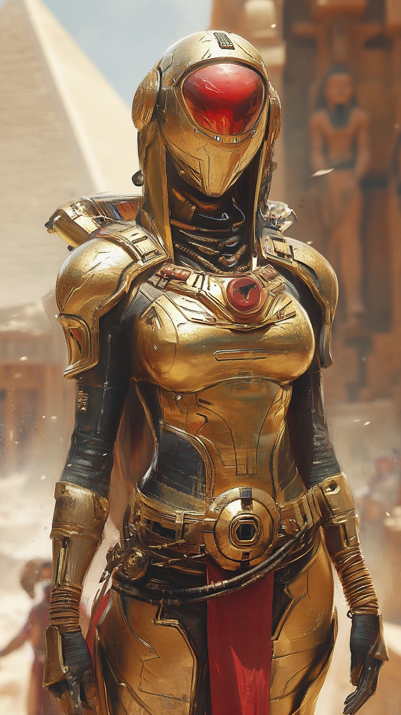 Golden egyptian robot woman before distant pyramid temple