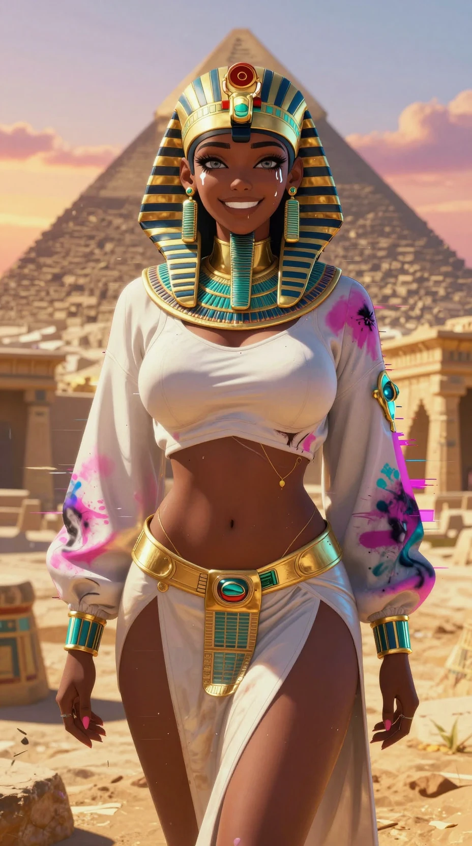 Golden egyptian robot woman before distant pyramid temple