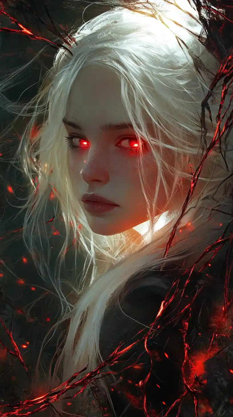 Pale woman with glowing red eyes in dark fantasy portrait