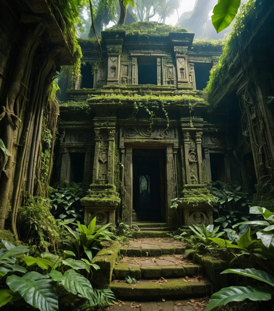 Ancient Jungle Temple Overgrown With Thick Hanging Vines
