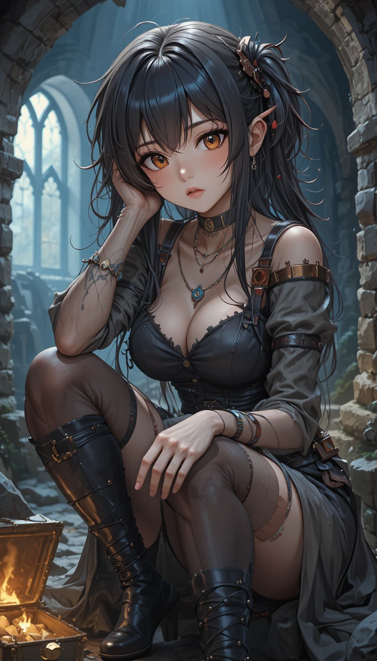 Anime thief woman listening to treasure in dark dungeon