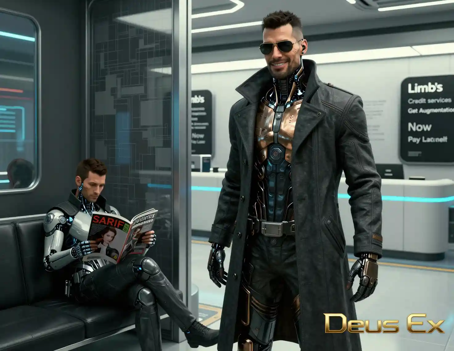 Augmented detective in a futuristic cyberpunk clinic lobby