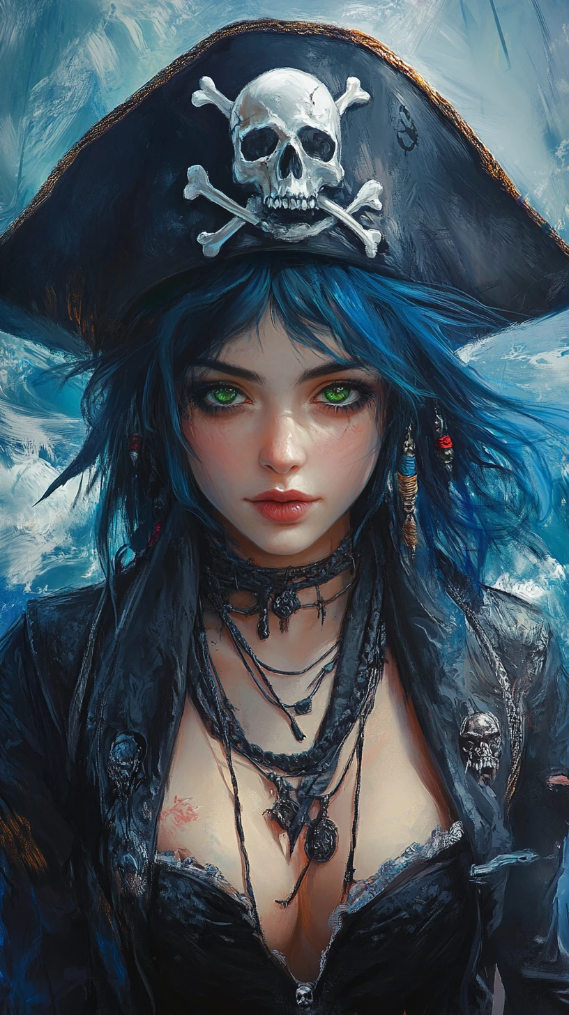 Retrato de una mujer pirata sobre un mar tormentoso pintado