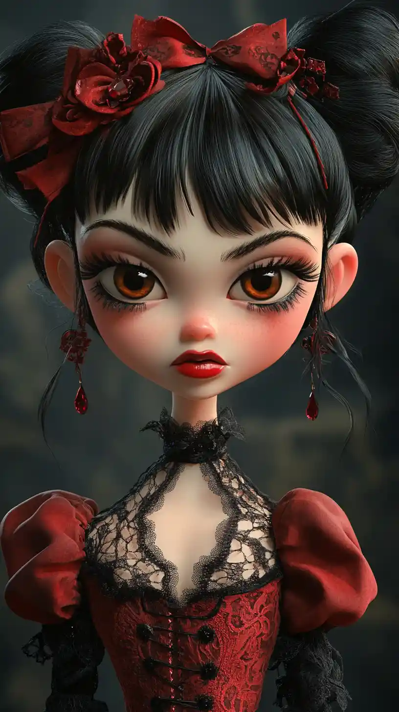Gothic girl portrait in red and black victorian dress