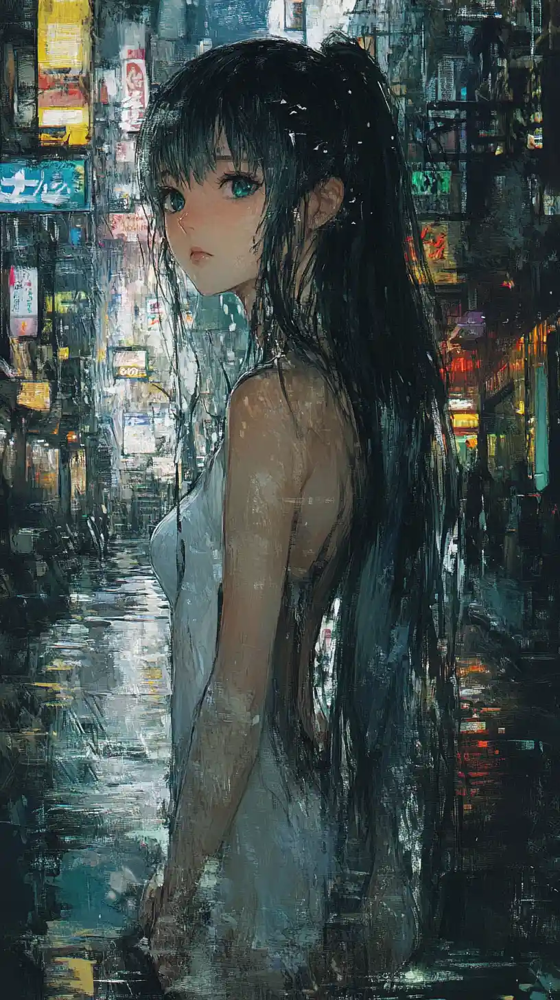 Anime girl in a white outfit standing in a city street
